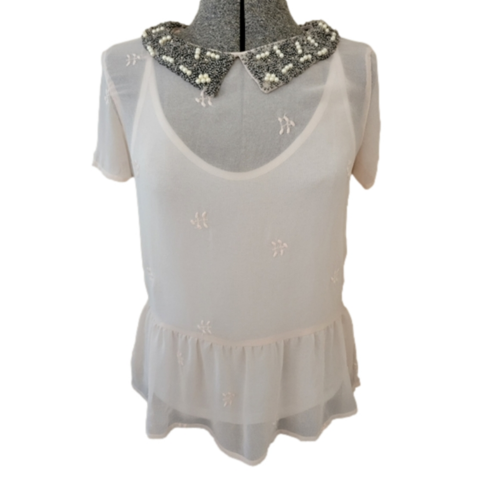 Zara Trafaluc Pink Sheer Jeweled Collar Peplum Blouse-Size Medium